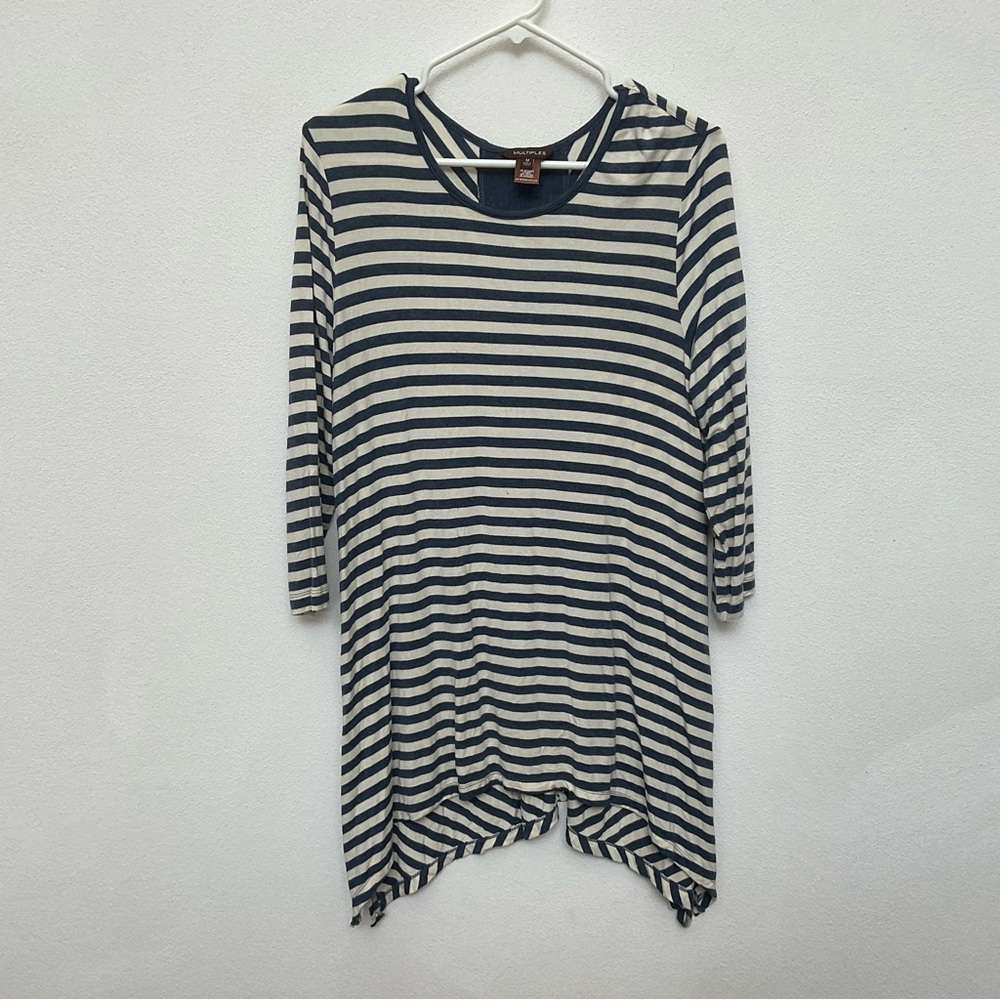 Multiples Blue, Cream Striped 3/4 Sleeve Tunic Top Size Medium Lightweight